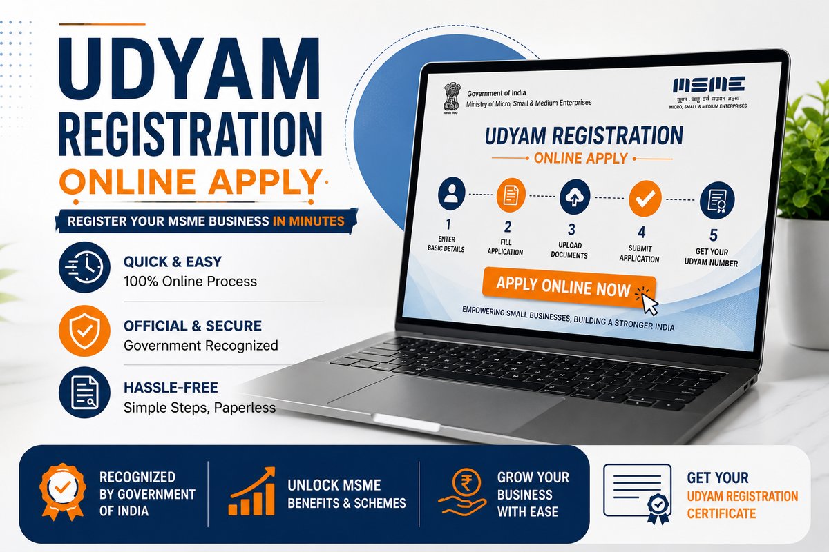 Indian man at laptop on wooden desk &mdash; filling Udyam online registration form