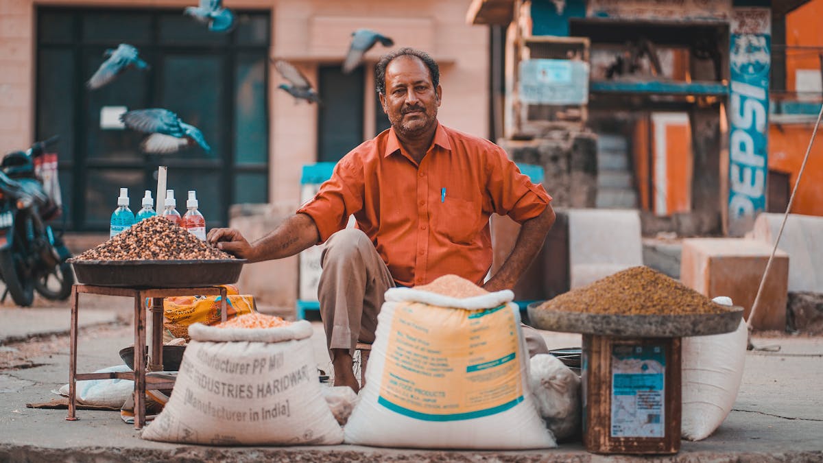 Indian street vendor in Jaipur sitting with grain and seed bags — small business